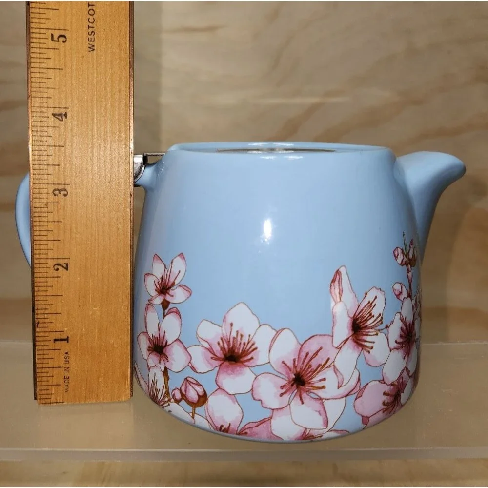 Alfred Cherry Blossom Blue Ceramic Teapot Stainless Steel Flip Lid 16 oz Pitcher